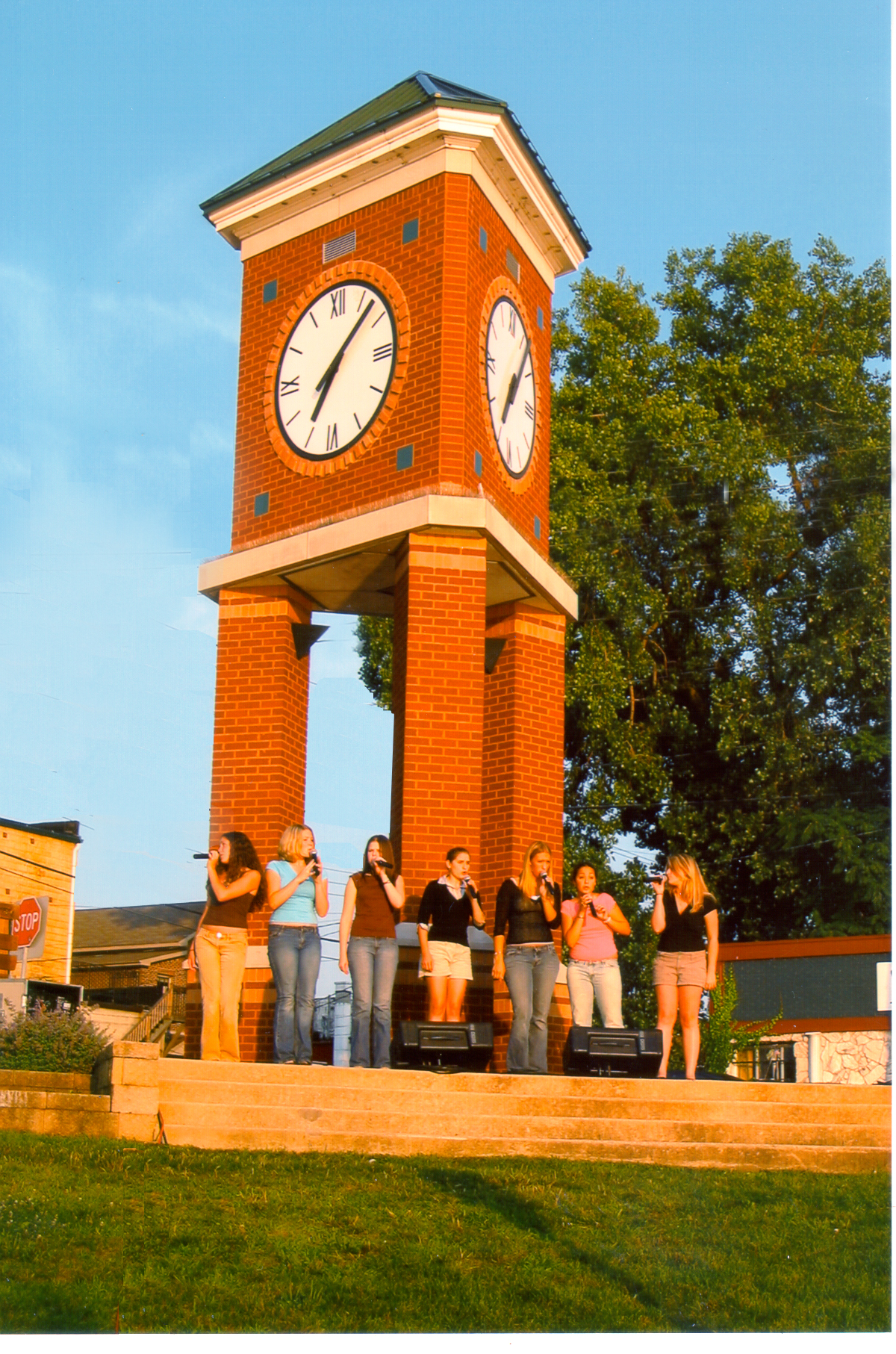 Festival Park clock tower and performers